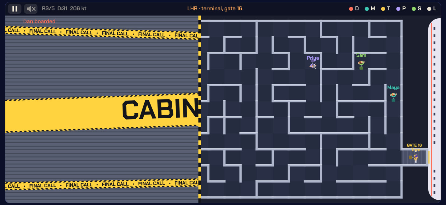 Passengers racing through a terminal maze as the final-call shutters close